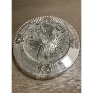 Vintage Jeanette Iris and Herringbone Clear Glass Round Butter Dish with Lid